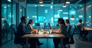 Colaboradores em um escritório moderno utilizando VoIP e PABX em nuvem, com ícones digitais de comunicação e nuvem representando tecnologia e redução de custos na telefonia empresarial.