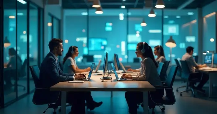 Colaboradores em um escritório moderno utilizando VoIP e PABX em nuvem, com ícones digitais de comunicação e nuvem representando tecnologia e redução de custos na telefonia empresarial.